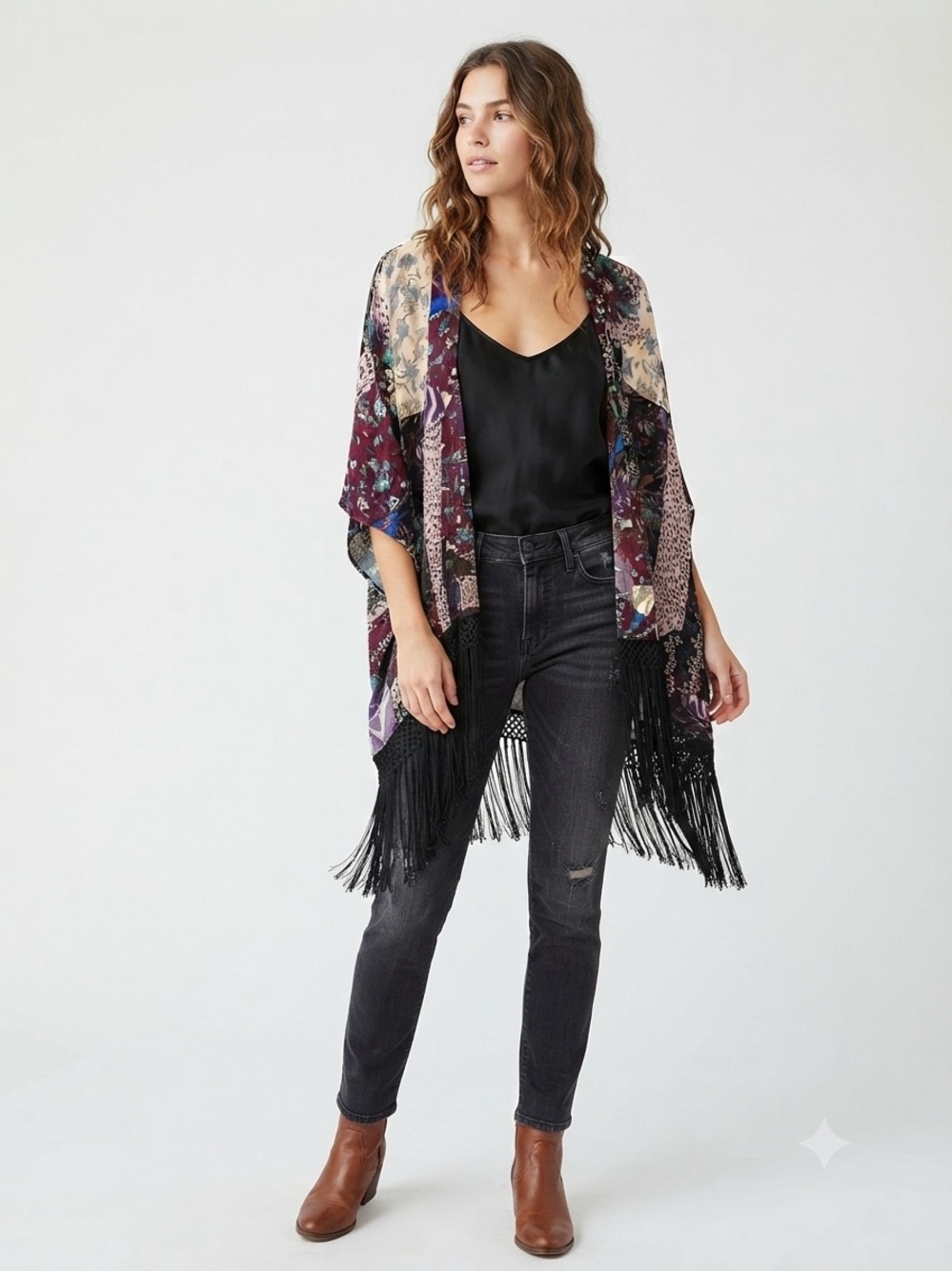 Aritzia Talula Fawkner Patchwork Floral Fringe Kimono Size S M Festival Boho